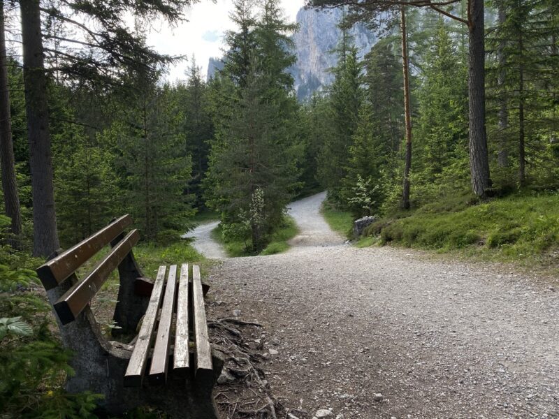 Lavička pri ceste ku Grüner See a v pozadí pohorie Hochschwab