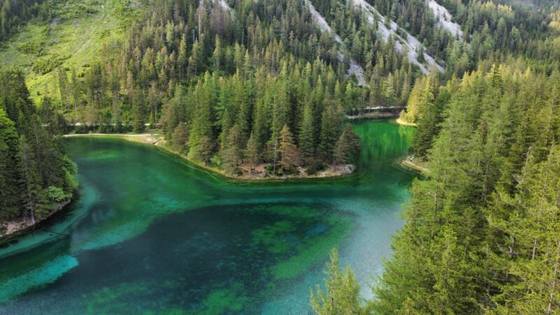 Pohľad z výšky na Grüner See v Rakúsku