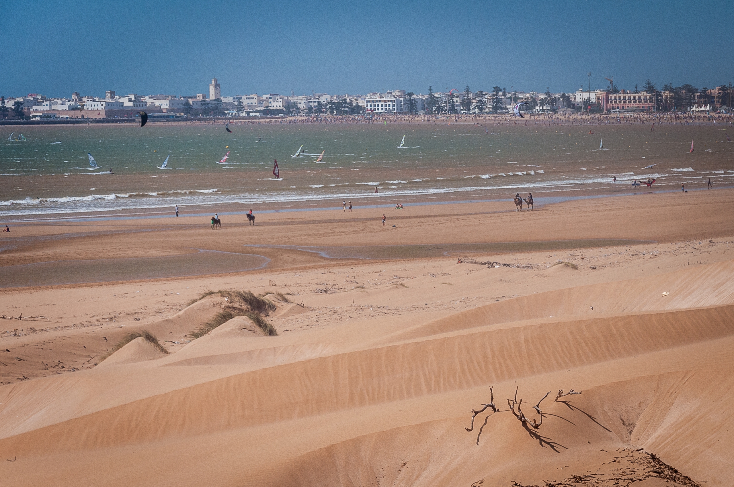 Duny, oceán, mesto Z piesočnej duny výhľad na Essaouira v pozadí, na oceán, po ktorom si plavia windsurfisti